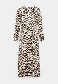 Mekko, jossa on leopardikuosiset pitkät hihat, valmistettu kevyestä kankaasta. Ominaisuuksiin kuuluu vyötäröltä kireä ja soljuva hame. Väri: beige, musta, ruskea.