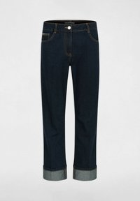 Jeans in denim blu scuro con una vita aderente, tasche frontali e orli arrotolati. I dettagli delle cuciture in contrasto esaltano il design.