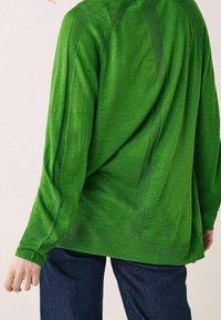 Zelený pletený svetr s dlouhými rukávy, s texturovanými proužky na zádech a žebrovanými manžetami, v kombinaci s tmavě modrými džíny.