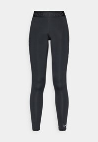 Leggings negre Nike Pro cu talie înaltă, având un panou lateral texturat și un mic logo alb pe partea inferioară a piciorului. Finisaj din material neted.