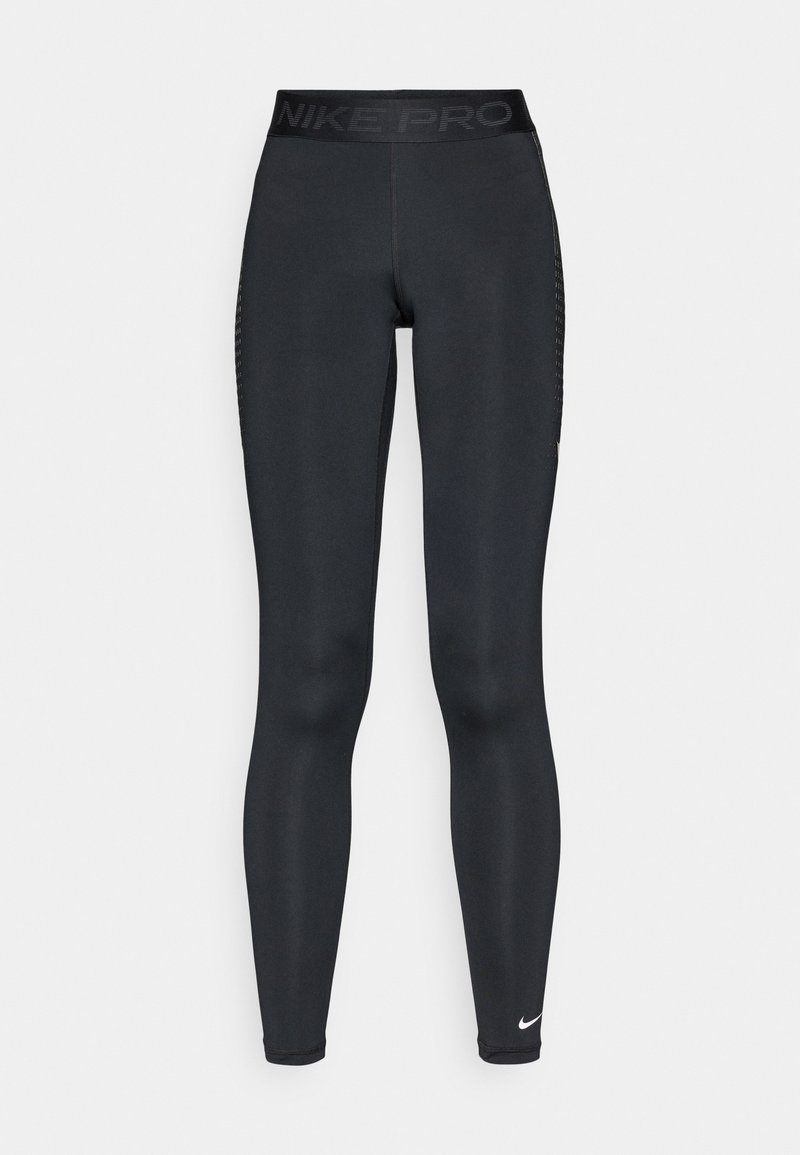 Black Nike Pro leggings with a high waistband, featuring a textured side panel and a small white logo on the lower leg. Smooth fabric finish.