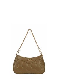 Olivgrüne Lederhandtasche mit gestepptem Design, goldenen Beschlägen und einer Kettenumhängetasche; verfügt über ein unauffälliges Logo auf der Vorderseite.