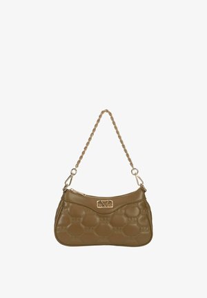 Olivgrüne Lederhandtasche mit gestepptem Design, goldenen Beschlägen und einer Kettenumhängetasche; verfügt über ein unauffälliges Logo auf der Vorderseite.