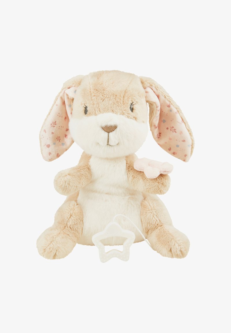 Soft, plush bunny toy with cream and beige fur, patterned inner ears, and a textured star-shaped teether attached to its hand.