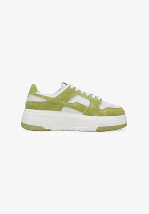 Green and white sneakers with a smooth suede upper, rounded toe, and thick white platform sole. Laces and side accents in contrasting white.