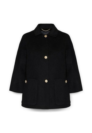 Black wool coat features a collar, gold buttons, two front pockets, and a loose fit. Smooth texture and simple design.