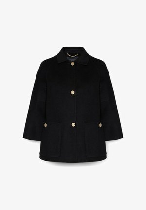 Manteau en laine noire avec col, boutons dorés, deux poches avant et coupe ample. Texture lisse et design simple.