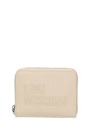 Portafoglio beige con zip su tutto il giro, con logo "LOVE MOSCHINO" in rilievo cucito sulla parte frontale e cursore della zip in argento sul lato sinistro.