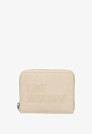 Portafoglio beige con zip su tutto il giro, con logo "LOVE MOSCHINO" in rilievo cucito sulla parte frontale e cursore della zip in argento sul lato sinistro.