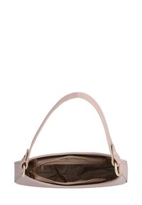 Helle rosa Leder-Handtasche mit einem einzelnen Tragegurt, Reißverschlussverschluss und Innenfächern mit braunem Stofffutter.