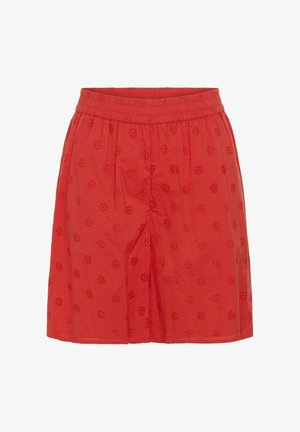 Fustă roșie până la genunchi, cu talie elastică și model brodat floral perforat pe tot materialul.