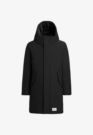 Parka nera con colletto alto e cappuccio, dotata di due tasche laterali, taglio dritto e texture del tessuto liscia. Etichetta del marchio bianca sull'orlo.