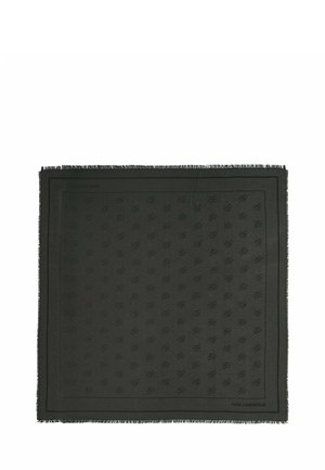 Foulard carré gris foncé avec un motif monogramme "KL" subtil et répétitif, bords frangés, logo Karl Lagerfeld dans un coin.