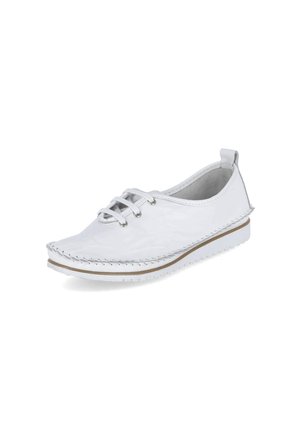 Weißes Schnürschuh mit runder Zehenform, glattem Kunstleder-Obermaterial, kontrastierenden Nähten und flacher Sohle mit strukturiertem Profil.