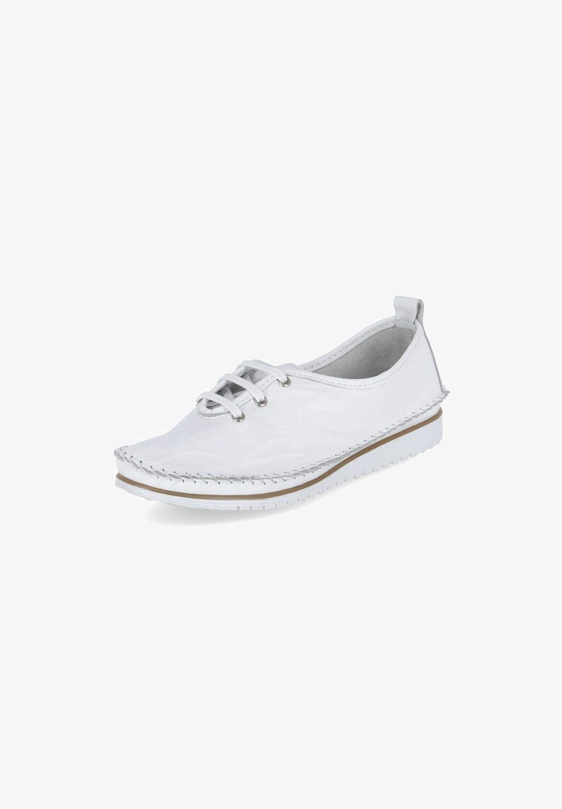 Weißes Schnürschuh mit runder Zehenform, glattem Kunstleder-Obermaterial, kontrastierenden Nähten und flacher Sohle mit strukturiertem Profil.