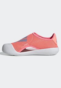 Scarpa slip-on in mesh rosa con suola in gomma bianca. Presenta lati a taglio, punta rinforzata e dettagli del logo blu sulla parte superiore.