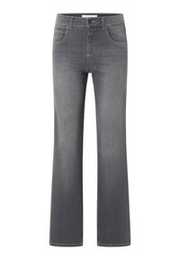 Graue Jeans aus Denim im ausgestellten Schnitt, mit fünf Taschen und sichtbaren Nähdetails. Der Stoff ist weich und hat eine glatte Textur.