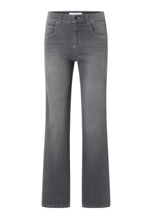 Graue Jeans aus Denim im ausgestellten Schnitt, mit fünf Taschen und sichtbaren Nähdetails. Der Stoff ist weich und hat eine glatte Textur.