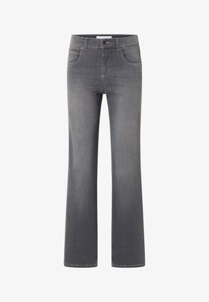 Jeans in denim grigio con una forma svasata, design a cinque tasche e dettagli di cucitura visibili. Il tessuto è morbido e dalla consistenza liscia.