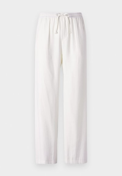 White, lightweight pants with an elastic waistband and drawstring. Straight-leg design with a smooth texture. No patterns or accents.