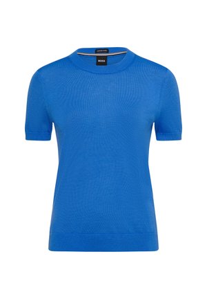 Kurzärmliges Oberteil in leuchtendem Blau. Aus leichtem Material gefertigt, verfügt es über einen runden Halsausschnitt und eine taillierte Silhouette. Glatte Textur, minimalistisches Design.