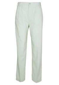 Light green pleated trousers with a textured finish, featuring thin white vertical stripes, a button closure, and straight legs.