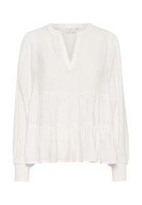 White, long-sleeve blouse with a V-neck, frilled tiered design, and elasticized cuffs. Made of lightweight fabric with a textured finish.