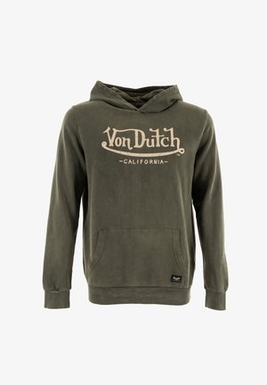 Haut à capuche vert olive avec une poche frontale, arborant un imprimé logo crème. Fait en matériau doux avec une coupe décontractée et des poignets côtelés.