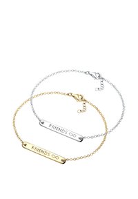 Verstelbare vriendschapsarmbanden in zilver- en goudtinten. Elke armband heeft een gegraveerde "VRIENDEN"-lat en een oneindigheidssymbool. De kettingschakels zijn textuur. 