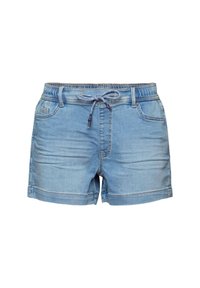 Shorts in denim blu chiaro con fascia elastica in vita, chiusura con cordino, due tasche laterali e risvolti. Tessuto liscio con dettagli di cucitura.