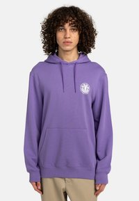 Purple hoodie with a drawstring hood, front pocket, and white logo on the chest. Features ribbed cuffs and hem, made of soft fabric.