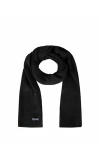 Zwart gebreide sjaal met een gestructureerde afwerking, voorzien van een klein merkembleem aan één uiteinde. Het ontwerp is lang en rechthoekig.