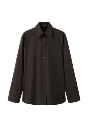 Langärmeliges Hemd mit Knopfleiste in Dunkelbraun, ausgestattet mit einem klassischen Kragen, einer einzelnen Brusttasche und einer glatten Stoffstruktur.