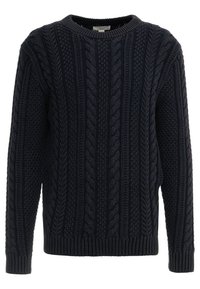 Navy-blau gestrickter Pullover mit strukturiertem Kabel- und Rippenmuster, rundem Halsausschnitt und langen Ärmeln. Weiches, dickes Material.