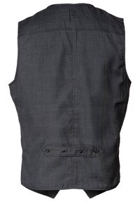 Šedá vesta bez rukávů z tkané látky s jemným strukturovaným vzorem, knoflíky na zádech a střihaným střihem.