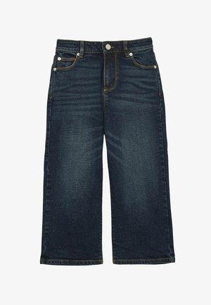 Mørkeblå jeans med vide ben i denim, med fem lommer, sølvfarvet hardware, gul syning og en lige pasform til kanten.
