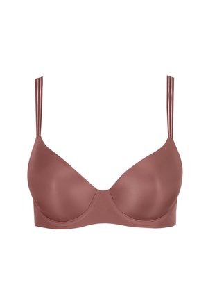 Smooth mauve underwire bra with molded cups and adjustable double shoulder straps, designed for comfort and support.