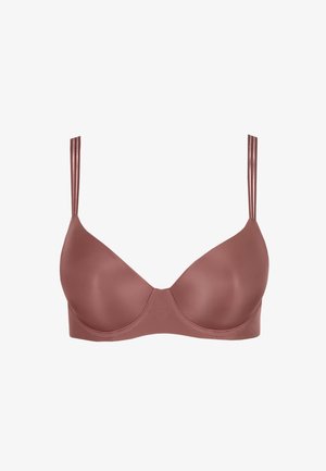 Smooth mauve underwire bra with molded cups and adjustable double shoulder straps, designed for comfort and support.