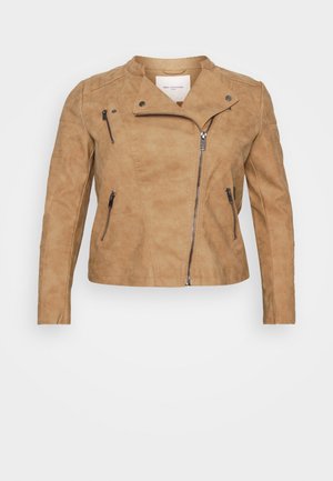 Tan faux suede motorcycle jacket with a zip front, slightly fitted design, side zip pockets, and a stand collar. Smooth texture and minimalist style.