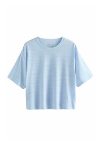 T-shirt azzurro chiaro a maniche corte realizzato in un tessuto morbido con una vestibilità rilassata, caratterizzato da un colletto rotondo e un motivo a strisce orizzontali.
