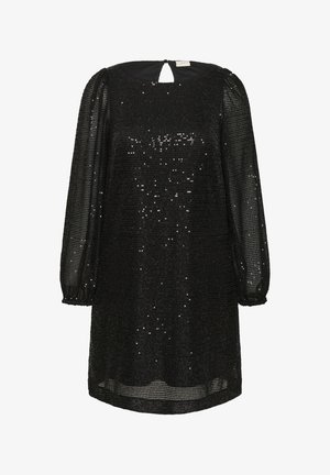 Vestido negro de lentejuelas con mangas largas abullonadas y escote en forma de llave. La tela tiene un brillo texturizado por las lentejuelas.