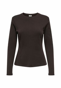 Langsleeve bruin top gemaakt van zachte stof, met een ronde halslijn en een aansluitend ontwerp met naaddetails aan de voorkant en achterkant.