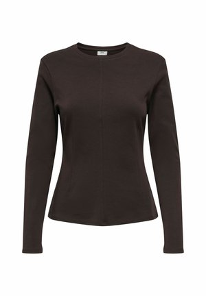 Top marrone a maniche lunghe realizzato in tessuto morbido, con scollo rotondo e design aderente, arricchito da dettagli di cucitura sul davanti e sul retro.