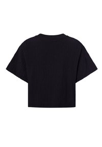 Zwarte cropped top van een gestructureerde, gekreukte stof. Heeft korte mouwen en een ronde halslijn, wat zorgt voor een comfortabele pasvorm.