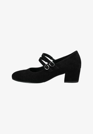 Zapato Mary Jane de ante negro con punta redonda, dos hebillas ajustables en las correas y un tacón bajo tipo bloque. Textura suave con un diseño clásico.