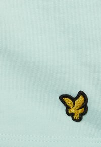 Tecido azul claro com um padrão texturizado, apresentando um remendo costurado a preto com o logotipo de uma águia dourada no canto inferior.