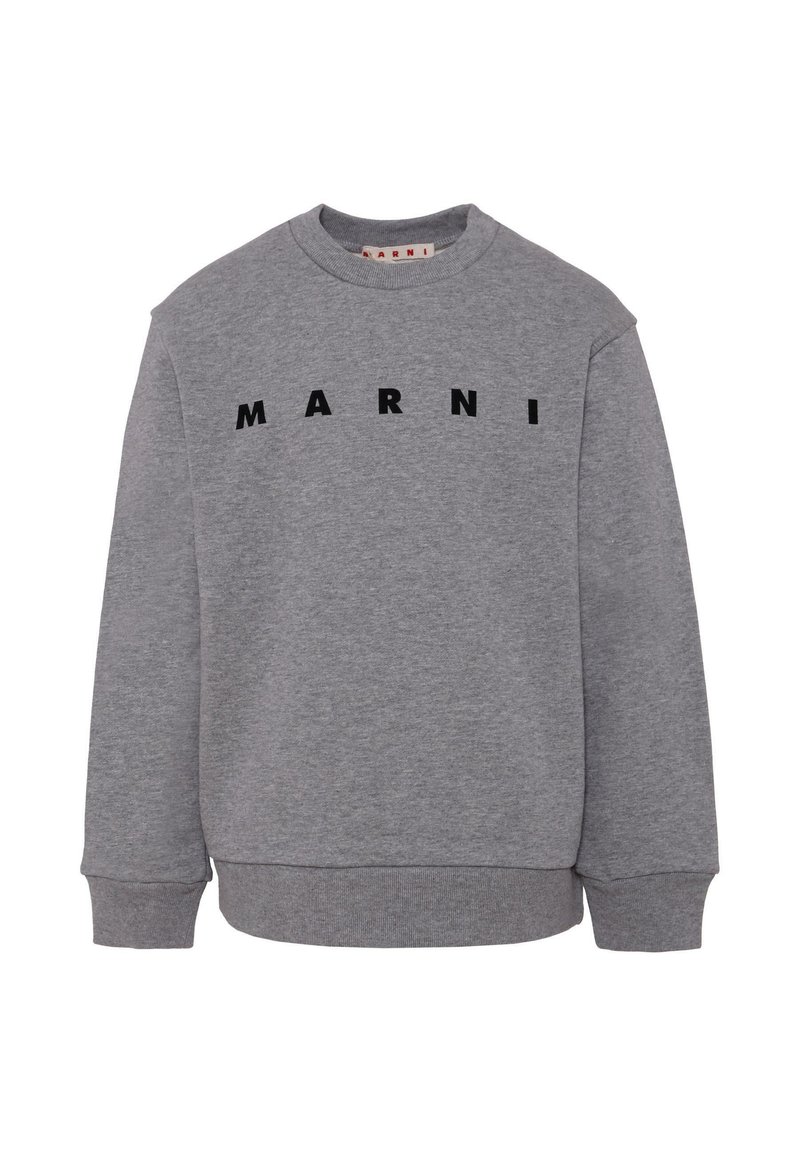 Felpa grigia in cotone con scollo rotondo e maniche lunghe, con la scritta "MARNI" in lettere nere in grassetto sulla parte anteriore.