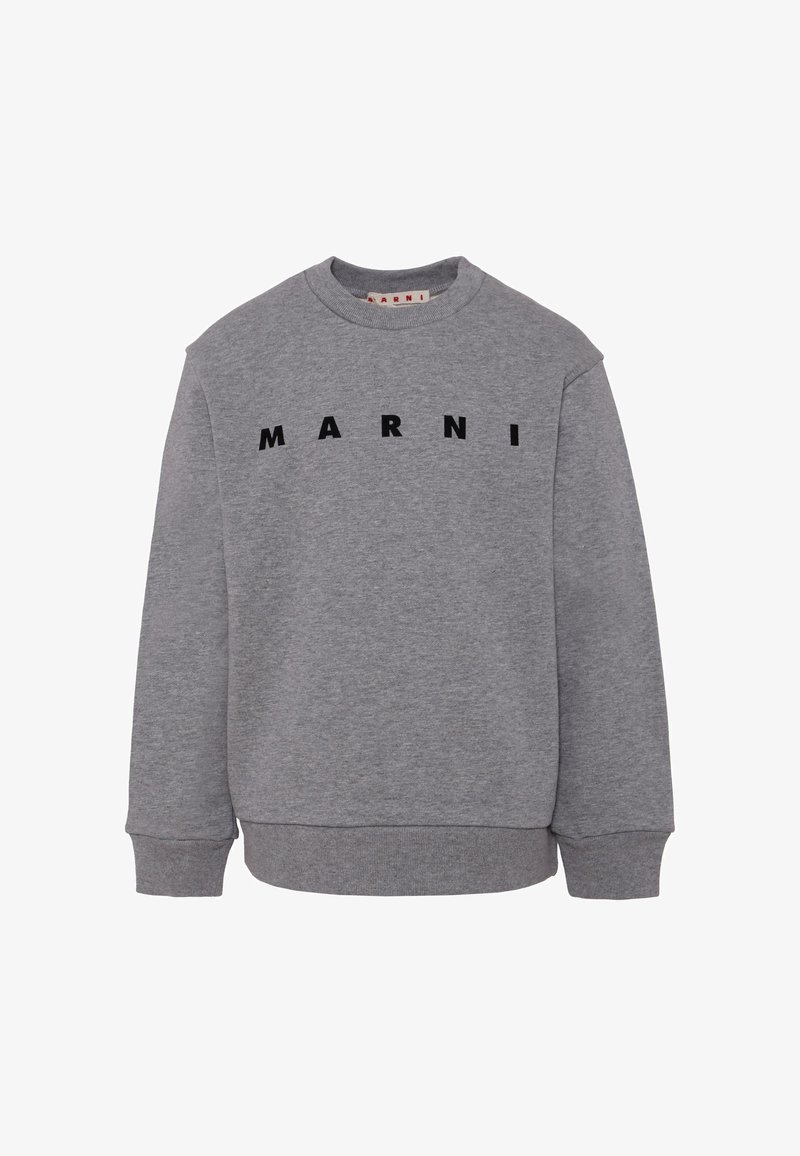 Felpa grigia in cotone con scollo rotondo e maniche lunghe, con la scritta "MARNI" in lettere nere in grassetto sulla parte anteriore.