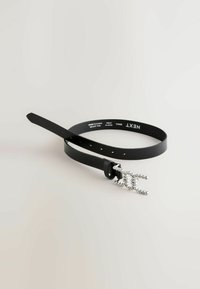 Black leather belt with a shiny rhinestone-embellished buckle, featuring a sleek design, smooth texture, and multiple adjustment holes.