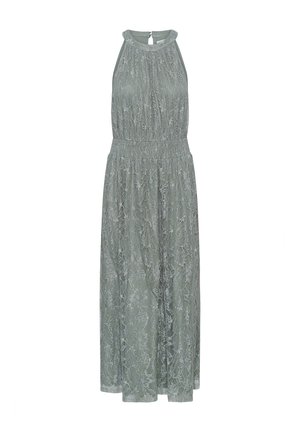 Vestido largo sin mangas de encaje en verde apagado con cuello alto, cintura ajustada y patrón floral en toda la prenda.